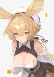 Rule 34 | 1girl, animal ears, arknights, bare shoulders, blonde hair, breasts, brown skirt, cleavage, cleavage cutout, clothing cutout, cowboy shot, dorothy (arknights), from above, gloves, hair intakes, hat, highres, io (io oekaki), large breasts, long hair, looking at viewer, looking up, mouse ears, parted lips, simple background, skirt, smile, solo, white background, white hat, yellow eyes, yellow gloves