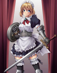 Rule 34 | 1girl, armor, black thighhighs, blonde hair, blue eyes, boots, combat maid, curtains, frilled thighhighs, frills, gauntlets, knee boots, knight, maid, medieval, ribbon-trimmed legwear, ribbon trim, shield, solo, sword, taiyou, thighhighs, weapon