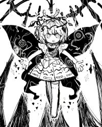 Rule 34 | 1girl, antennae, bare shoulders, blush, butterfly wings, dress, eternity larva, fairy, full body, greyscale, hair between eyes, insect wings, leaf, leaf on head, mokumoku22, monochrome, multicolored clothes, multicolored dress, open mouth, short hair, short sleeves, single strap, smile, solo, touhou, wings