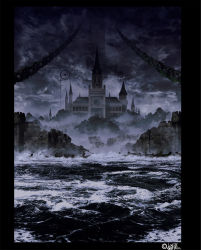 Rule 34 | black border, border, castle, chain, cloud, fog, forest, fujiyurio, highres, location, nature, night, no humans, ocean, one piece, scenery, ship, signature, thriller bark, tree, water, watercraft, waves
