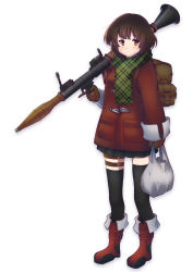 Rule 34 | 1girl, backpack, bag, black thighhighs, boots, brown hair, gloves, high-explosive anti-tank (warhead), highres, holding, jacket, man-portable anti-tank systems, orange eyes, original, persocon93, plastic bag, rocket-propelled grenade, rocket (projectile), rocket launcher, rpg, rpg-7, rpg (weapon), scarf, short hair, simple background, solo, standing, thigh strap, thighhighs, trigger discipline, weapon, white background, zettai ryouiki