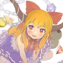 Rule 34 | 1girl, :d, arm support, bare shoulders, blurry, blush, bow, chain, cube, depth of field, fang, frills, from above, hair bow, highres, horns, ibuki suika, long hair, looking at viewer, low-tied long hair, oni horns, open mouth, orange eyes, orange hair, orb, petticoat, purple skirt, red bow, shiroi karasu, shirt, simple background, skin fang, skirt, smile, solo, touhou, v arms, very long hair, white background, white shirt, wrist cuffs