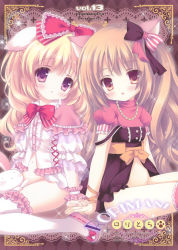 Rule 34 | 2girls, absurdres, animal ears, blonde hair, blush, bottomless, bow, brown eyes, brown hair, d:, fang, frills, hair bow, hair ribbon, highres, holding hands, image sample, jewelry, long hair, multiple girls, navel, necklace, open mouth, original, purple eyes, ribbon, shoes, sitting, sparkle, thighhighs, tsukishima yuuko, wrist cuffs