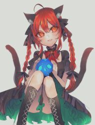 Rule 34 | 1girl, :3, :d, ahoge, animal ears, artist request, black dress, black footwear, boots, cat ears, cat girl, cat tail, dress, fang, frilled dress, frills, full body, grey background, highres, holding, holding skull, kaenbyou rin, looking at viewer, multiple tails, open mouth, red eyes, short sleeves, simple background, sitting, skull, smile, solo, tail, third-party source, touhou, two tails
