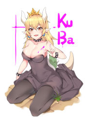 Rule 34 | 1girl, :p, arm up, armpits, bare shoulders, black dress, black pantyhose, blonde hair, blue eyes, blush, bodypaint, bowsette, bracelet, breasts, cleavage, collar, collarbone, covered navel, crown, dress, earrings, full body, highres, horns, jewelry, large breasts, long hair, looking at viewer, mario (series), meng ge 3 (565571710), new super mario bros. u deluxe, nintendo, pantyhose, parted lips, pointy ears, red eyes, revision, seiza, sidelocks, sitting, smile, solo, spiked bracelet, spiked collar, spiked shell, spikes, strapless, strapless dress, super crown, tail, tongue, tongue out, turtle shell, two-tone background