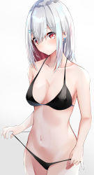 Rule 34 | absurdres, bad id, bad pixiv id, bikini, black bikini, breasts, cleavage, clothes pull, collarbone, colored inner hair, commentary request, cowboy shot, earrings, eyes visible through hair, grey background, hair ornament, hairclip, halterneck, highres, jewelry, lifting own clothes, looking at viewer, medium breasts, multicolored hair, nanashinayuzu mochi, navel, original, pulling own clothes, red eyes, red hair, silver hair, simple background, solo, standing, stomach, strap lift, swimsuit, two-tone hair