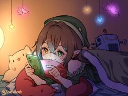 Rule 34 | animal-shaped pillow, blanket, brown hair, cellphone, green blanket, green headwear, green nightgown, hat, highres, hojo studio, holding, holding phone, monochrome, nightgown, phone, pointy ears, rie ccat, sim chan, smartphone, smile, toy robot, under covers, virtual youtuber