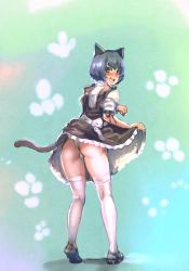 Rule 34 | 10s, 1girl, animal ears, ano natsu de matteru, ass, blue hair, blush, bow (bhp), cat ears, cat tail, clothes lift, frills, full body, green eyes, highres, kneepits, lifted by tail, looking back, maid, open mouth, panties, shoes, short hair, simple background, skirt, skirt lift, smile, solo, tail, tanigawa kanna, thighhighs, thighs, underwear, upskirt, white thighhighs