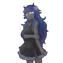 Rule 34 | 1girl, black skin, blue eyes, breasts, child of the galaxy, cleavage, colored skin, crying, dress, frown, holding own arm, huyusaki taiga, large breasts, layered dress, lobotomy corporation, long hair, messy hair, personification, project moon, purple hair, side slit, sideboob, sleeveless, sleeveless dress, solo, transparent background