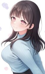 Rule 34 | 1girl, arms behind back, black skirt, blue sweater, breasts, brown hair, closed mouth, highres, large breasts, long hair, long sleeves, looking at viewer, looking back, original, red eyes, simple background, skirt, smile, solo, sweater, sweater tucked in, takio (kani sama), turtleneck, turtleneck sweater
