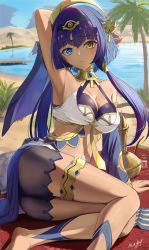 Rule 34 | 1girl, arm behind head, arm up, armpits, ass, beach, beach towel, blue eyes, blue sky, breasts, candace (genshin impact), closed mouth, crop top, cup, dark-skinned female, dark skin, day, detached sleeves, feet out of frame, genshin impact, glint, gold, hair ornament, heterochromia, highres, jewelry, long hair, looking at viewer, low twintails, lying, may9, medium breasts, navel, neck ring, on side, outdoors, palm tree, purple hair, raised eyebrows, signature, sky, solo, thighlet, towel, tree, twintails, twisted torso, yellow eyes