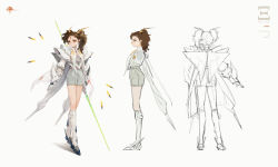 Rule 34 | 1girl, absurdres, asymmetrical hair, beam saber, breasts, brown eyes, brown hair, character name, character sheet, cleavage, commentary, curly hair, double-blade, energy sword, english text, forehead tattoo, funnels (gundam), gloves, greek letters, group name, gundam, gundam hathaway&#039;s flash, high-waist shorts, highres, logo, long hair, mecha musume, multiple views, personification, saber beam, saberstaff, shorts, small breasts, sword, twintails, weapon, white gloves, white legwear, xi gundam