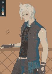 Rule 34 | 10s, 1boy, autumn-sacura, blue eyes, camouflage, camouflage pants, collarbone, color guide, fence, final fantasy, final fantasy xv, freckles, gloves, gun, handgun, limited palette, male focus, pants, partially fingerless gloves, pistol, prompto argentum, smile, solo, vest, weapon, white hair