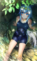 Rule 34 | 1girl, animal ears, arm support, bare arms, bare shoulders, black one-piece swimsuit, blue eyes, blue hair, blush, breasts, collarbone, competition school swimsuit, dappled sunlight, day, from above, hairband, highres, horse ears, horse girl, horse tail, leaning back, long hair, looking at viewer, looking up, medium breasts, oguri cap (umamusume), one-piece swimsuit, outdoors, parted lips, school swimsuit, sitting, smile, soaking feet, solo, sunlight, swimsuit, tail, tks (526tks), umamusume, very long hair, water, yellow hairband