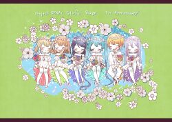 Rule 34 | 1boy, 5girls, :d, absurdly long hair, absurdres, anniversary, aqua dress, aqua flower, aqua hair, aqua rose, arm support, azusawa kohane, bare legs, bare shoulders, blonde hair, blue dress, blue flower, blue hair, blue rose, blush, bouquet, bow, brooch, brown hair, buttoned cuffs, chibi, closed eyes, closed mouth, collared shirt, commentary, copyright name, cross-laced footwear, crossed ankles, dark blue hair, double-parted bangs, dress, dress bow, dress shirt, facing another, facing viewer, flower, frilled dress, frills, full body, gloves, gradient hair, green background, green dress, grey hair, hair flower, hair ornament, hanasato minori, happy, hatsune miku, head wreath, highres, holding, holding bouquet, hoshino ichika (project sekai), invisible chair, jewelry, kagamine rin, letterboxed, light brown hair, light green hair, light purple hair, lineup, long hair, long sleeves, low twintails, multicolored hair, multiple girls, off-shoulder dress, off shoulder, open mouth, orange flower, orange hair, orange rose, pants, pink dress, pleated dress, poppu usagi, project sekai, puffy long sleeves, puffy sleeves, purple dress, red flower, red rose, rose, shirt, shoes, short hair, short sleeves, sitting, smile, straight hair, swept bangs, teeth, tenma tsukasa, twintails, two-sided dress, two-sided fabric, two-tone dress, upper teeth only, very long hair, vocaloid, white bow, white dress, white flower, white footwear, white gloves, white ascot, white pants, white shirt, wing collar, yellow flower, yellow gemstone, yellow rose, yoisaki kanade