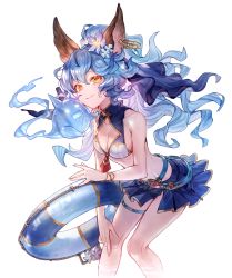 Rule 34 | 1girl, achan (blue semi), animal ears, bare shoulders, bikini, bikini skirt, blue bikini, blue hair, bracelet, breasts, chain earrings, chinese commentary, cleavage, closed mouth, collarbone, collared bikini, commentary request, erune, feet out of frame, ferry (granblue fantasy), ferry (summer) (granblue fantasy), flower, fugee (granblue fantasy), ghost, granblue fantasy, hair flower, hair ornament, innertube, jewelry, leaning forward, long hair, looking at viewer, medium breasts, official alternate costume, simple background, smile, solo, swim ring, swimsuit, thigh strap, wavy hair, white background, yellow eyes