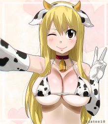 Rule 34 | 1girl, animal ears, animal print, artist name, bell, bikini, blonde hair, blush, breasts, brown eyes, choker, cleavage, collarbone, cow ears, cow horns, cow print, cow print bikini, elbow gloves, fairy tail, fake animal ears, fake horns, gaston18, gloves, hairband, highres, horns, large breasts, long hair, looking at viewer, lucy heartfilia, neck bell, one eye closed, outstretched arm, print bikini, selfie, smile, solo, swimsuit, upper body, v, wink