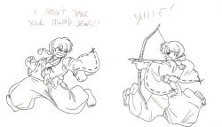 Rule 34 | 1boy, 1girl, aiming, angry, barefoot, bow, bow (weapon), braid, clenched hands, clenched teeth, closed eyes, cosplay, creator connection, english text, feet, fighting stance, hair ribbon, hidaka noriko, holding, holding weapon, image sample, inuyasha, inuyasha (character), inuyasha (cosplay), japanese clothes, kikyou, kikyou (cosplay), kikyou (inuyasha), kikyou (inuyasha) (cosplay), lineart, long sleeves, looking at another, miko, monochrome, open mouth, profile, ranma 1/2, ribbon, ribbon-trimmed sleeves, ribbon trim, running, sandals, saotome ranma, sash, simple background, single braid, spelarminlind, teeth, tendou akane, voice actor connection, weapon, wide sleeves, yamaguchi kappei
