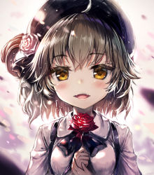 Rule 34 | 1girl, :d, ahoge, akabane (zebrasmise), beret, black bow, black hat, black ribbon, blush, bow, breasts, brown eyes, brown hair, collared shirt, fangs, flower, hair between eyes, hair flower, hair ornament, hair rings, hands up, hat, hatoba tsugu, highres, holding, holding flower, looking at viewer, medium breasts, open mouth, own hands together, red flower, red rose, revision, ribbon, rose, shirt, smile, solo, suspenders, virtual youtuber, white flower, white rose, white shirt