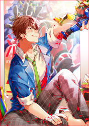 Rule 34 | 10s, 1boy, :d, ;d, action figure, bandaged fingers, bandages, barefoot, brown hair, ensemble stars!, green necktie, jacket, ji yu, looking up, male focus, morisawa chiaki, necktie, one eye closed, open clothes, open jacket, open mouth, pants, plaid, plaid pants, poster (object), school uniform, sitting, sleeves pushed up, sleeves rolled up, smile, solo, sparkle