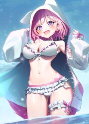 Rule 34 | 1girl, :d, animal hood, bare shoulders, bikini, blue sky, blush, breasts, bridal garter, cleavage, commentary request, cowboy shot, day, fang, frilled bikini, frills, hair ornament, hairclip, hakui koyori, hakui koyori (summer), hands up, highres, hololive, hood, hood up, hooded jacket, jacket, large breasts, long sleeves, looking at viewer, medium hair, navel, neck garter, open clothes, open jacket, open mouth, outdoors, overlord (overlord80000), pink hair, purple eyes, sky, sleeves past wrists, smile, solo, standing, stomach, swimsuit, tongue, virtual youtuber, wading, white bikini