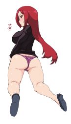 Rule 34 | 1girl, ass, blush, breasts, clothes lift, dress, embarrassed, female pubic hair, flats, from behind, kneeling, large breasts, long hair, looking back, panties, parasoul (skullgirls), partially visible vulva, pink panties, pubic hair, red hair, skullgirls, solo, sweater, sweater dress, sweater lift, tsukudani (coke-buta), underwear, yellow eyes