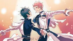 Rule 34 | 2boys, black hair, earrings, ensemble stars!, facing to the side, headset, idol clothes, itsuki shu, jewelry, kagehira mika, le temps des fleurs (ensemble stars!), looking at another, male focus, multiple boys, official alternate costume, open mouth, pink hair, purple eyes, round o0, short bangs, short hair, smile, stage lights, yellow eyes