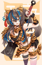 Rule 34 | 1girl, absurdres, alternate costume, animal ears, animal print, arm up, armpits, bare shoulders, black choker, blue hair, bonkareohagi, breasts, brown hair, choker, cleavage, clothing request, club, club (weapon), colored inner hair, commentary request, cowboy shot, daitaku helios (umamusume), ear covers, ear piercing, egasumi, hair ornament, hairclip, highres, holding, holding club, holding weapon, horse ears, horse girl, horse tail, large breasts, long hair, looking at viewer, multicolored hair, navel, oni costume, open clothes, open mouth, piercing, scarf, smile, solo, spiked club, streaked hair, tail, teeth, textless version, thigh strap, tiger print, umamusume, upper teeth only, weapon, yellow eyes
