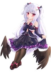 Rule 34 | 1girl, bare shoulders, black bow, black shirt, black skirt, black wings, blush, bow, brown footwear, brown pantyhose, closed mouth, commentary request, feathered wings, full body, hair bow, hair ornament, hairclip, highres, hiyada yuu, long hair, long sleeves, looking at viewer, low wings, original, pantyhose, pink bow, red bow, red eyes, shirt, shoes, silver hair, simple background, skirt, sleeves past wrists, solo, star (symbol), star hair ornament, tongue, tongue out, two side up, very long hair, white background, wings