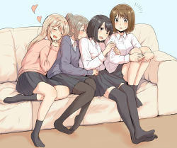 Rule 34 | 4girls, :d, ;d, absurdres, arm grab, arrow (symbol), betock, black hair, black legwear, black skirt, blonde hair, bob cut, breasts, brown hair, buttons, closed eyes, commentary request, couch, drooling, girl sandwich, hand on knees, harem, highres, incest, knees to chest, knees up, leaning on person, long hair, long sleeves, medium hair, monochrome, multiple girls, no shoes, one eye closed, open mouth, original, pantyhose, ponytail, sandwiched, school uniform, serafuku, shirt, siblings, sisters, sitting, skirt, sleeping, sleeping on person, small breasts, smile, socks, sweatdrop, sweater, thighhighs, white shirt, yuri, zettai ryouiki