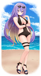 Rule 34 | 1girl, :/, absurdres, arms under breasts, beach, black-framed eyewear, blue sky, blush, breasts, cleavage cutout, clothing cutout, cloud, covered navel, eyewear on head, feet, glasses, high heels, highres, hololive, hololive indonesia, large breasts, long hair, looking at viewer, moona hoshinova, nail polish, navel, one-piece swimsuit, purple eyes, purple hair, raven genesis, sand, sky, swimsuit, thick thighs, thigh strap, thighs, virtual youtuber, water