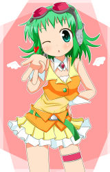 Rule 34 | 1girl, blowing kiss, goggles, green eyes, green hair, gumi, headphones, heart, matching hair/eyes, minami (colorful palette), one eye closed, short hair, skirt, solo, vocaloid, wings, wink, wrist cuffs