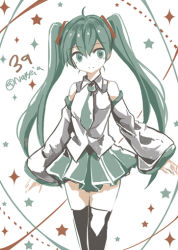 Rule 34 | 1girl, bad id, bad pixiv id, detached sleeves, green eyes, green hair, hair ornament, hatsune miku, kneehighs, long hair, matching hair/eyes, miniskirt, nabeia, necktie, pleated skirt, skirt, smile, socks, solo, sparkle, star (symbol), starry background, thighhighs, twintails, twitter username, vest, vocaloid, zettai ryouiki