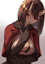 Rule 34 | 1girl, arm under breasts, backlighting, black bra, black gloves, blush, bra, breasts, bright pupils, broken horn, brown hair, capelet, cleavage, demon girl, demon horns, elbow gloves, eriko (princess connect!), finger to mouth, fur-trimmed capelet, fur trim, gloves, gradient background, highres, horns, large breasts, looking at viewer, momiji oroshi, princess connect!, purple eyes, red capelet, short hair, smile, solo, underwear, upper body, white pupils