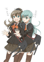 Rule 34 | 10s, 2girls, aqua hair, blue eyes, blush, grabbing another&#039;s breast, breasts squeezed together, breasts, brown hair, brown legwear, grabbing, grabbing from behind, hair ornament, hairclip, kantai collection, kumano (kancolle), kuropu, long hair, multiple girls, open mouth, personification, pleated skirt, ponytail, school uniform, skirt, suzuya (kancolle), thighhighs, translated, wavy mouth, zettai ryouiki