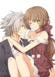 Rule 34 | 1boy, 1girl, ;), aono (aonocrotowa), black jacket, bow, brown hair, carrying, choker, closed mouth, collarbone, collared shirt, crow armbrust, dress, earrings, eiyuu densetsu, eye contact, falcom, fur-trimmed dress, fur trim, green eyes, grin, hair between eyes, hair bow, highres, jacket, jewelry, long hair, looking at another, necktie, one eye closed, ponytail, red bow, red dress, red eyes, red neckwear, santa costume, sen no kiseki, shirt, short dress, silver hair, simple background, sleeveless, sleeveless dress, smile, striped clothes, striped jacket, towa herschel, vertical-striped clothes, vertical-striped jacket, very long hair, white background, white shirt, wing collar