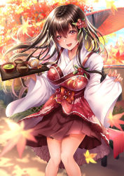 Rule 34 | 1girl, :d, autumn, autumn leaves, blush, breasts, brown hair, day, eyebrows hidden by hair, flower, food, hair between eyes, hair flower, hair ornament, highres, holding, holding tray, japanese clothes, kimono, kimono skirt, large breasts, leaf, long hair, long sleeves, looking at viewer, maple leaf, obi, open mouth, original, outdoors, rairaisuruyo, red eyes, sash, short kimono, skirt, smile, solo, tray, white kimono, wide sleeves