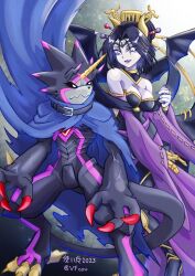 1boy 1girl absurdres bare_shoulders black_dress black_hair black_sclera blue_cape breasts cape cleavage colored_sclera demon_girl demon_wings digimon digimon_(creature) digimon_ghost_game dragon dress eyeshadow gulusgammamon highres horns large_breasts lilithmon long_sleeves looking_at_another makeup pointy_ears purple_eyeshadow purple_sleeves tsukaima_(vfcou) twitter_username wide_sleeves wings