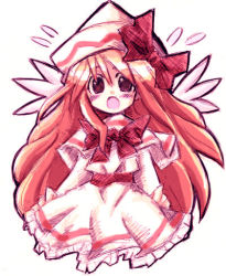 Rule 34 | 1girl, blush, bow, brown eyes, dress, female focus, frilled dress, frills, hat, hat bow, lily white, long hair, lowres, open mouth, orange hair, oyavun, red bow, sketch, solo, touhou, very long hair, vu (oyavun), white background, white dress, white hat, wings