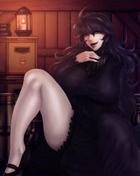 Rule 34 | 10s, 1girl, ahoge, alternate breast size, ass, bare legs, breasts, candle, creatures (company), dress, fingernails, game freak, hairband, hex maniac (pokemon), huge breasts, indoors, knees, lantern, large breasts, legs, lips, lipstick, long hair, looking at viewer, makeup, nail, nail polish, nintendo, npc trainer, okai, pale skin, pantyhose, pokemon, pokemon xy, purple eyes, purple hair, ribbed sweater, shoes, sidelocks, smile, solo, sweater, white pantyhose