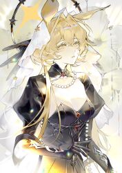 Rule 34 | 1girl, abstract background, animal ears, arknights, black gloves, blonde hair, breasts, cleavage, commentary, dorothy (arknights), dorothy (hand of destiny) (arknights), gloves, headdress, highres, huang huo liaoyuan, jewelry, long hair, looking at viewer, looking up, medium breasts, necklace, official alternate costume, parted lips, pearl necklace, rabbit ears, rabbit girl, solo, upper body, veil, yellow background, yellow eyes