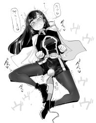 Rule 34 | 1girl, absurdres, animal collar, anti-demon corps uniform, belt, belt buckle, black hair, black pantyhose, block heels, blunt bangs, blush, boots, breasts, buckle, cape, capelet, clenched hands, clenched teeth, collar, commentary request, dog treat, ear blush, full body, gloves, greyscale, hair ornament, hair ribbon, heart, high heels, highres, hitachi magic wand, humiliation, long hair, lying, mato seihei no slave, medium breasts, monochrome, motion blur, motion lines, on back, pantyhose, paw pose, ribbon, sakifox, scowl, sex toy, shorts, solo, sound effects, speech bubble, spread legs, sweat, teeth, thighs, translation request, trembling, vibrator, white background, yamashiro ren