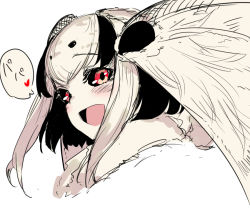 Rule 34 | 1girl, :d, arthropod girl, insect girl, looking at viewer, moth antennae, moth girl, open mouth, original, portrait, red eyes, simple background, smile, solo, solopipb, translated, white background