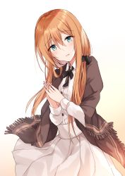 Rule 34 | 1girl, beige background, black bow, black scrunchie, blue eyes, blush, bow, brown hair, collared shirt, commentary request, dress shirt, fringe trim, girls&#039; frontline, gradient background, hair between eyes, hair ornament, hair scrunchie, head tilt, interlocked fingers, kinona, long hair, long sleeves, looking at viewer, own hands together, parted lips, pleated skirt, scrunchie, shirt, skirt, solo, springfield (girls&#039; frontline), very long hair, white background, white shirt, white skirt