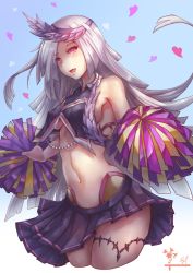 Rule 34 | 1girl, absurdres, armpits, bare shoulders, black skirt, blush, breasts, brynhildr (cheer for master) (fate), brynhildr (fate), cheerleader, cowboy shot, crop top, crop top overhang, fate/grand order, fate (series), headgear, heart, highres, long hair, looking at viewer, navel, parted lips, pom pom (cheerleading), purple eyes, silver hair, skirt, small breasts, smile, solo, stomach, very long hair, yuureiko