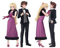 Rule 34 | 1boy, 1girl, adjusting bowtie, anger vein, black bow, black bowtie, black footwear, black jacket, black pants, blonde hair, blue eyes, blunt bangs, blush, bow, bowtie, breasts, brown eyes, brown hair, cleavage, collared shirt, commentary, dipper pines, dress, dress shirt, earrings, english commentary, formal, fur-trimmed dress, fur trim, gloves, gravity falls, grey vest, high heels, highres, jacket, jewelry, jourd4n, long hair, medium breasts, open clothes, open jacket, pacifica northwest, pants, pink gloves, profile, purple dress, red footwear, shirt, shoes, simple background, suit, v-shaped eyebrows, very long hair, vest, white background, white shirt