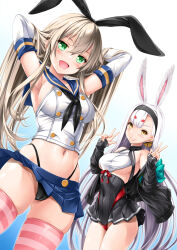 Rule 34 | 2girls, :d, alternate breast size, animal ears, armpits, arms behind head, arms up, azur lane, bare shoulders, black dress, black hairband, black jacket, black neckerchief, black panties, blonde hair, blue skirt, blush, breasts, buttons, cameltoe, clothes lift, commentary request, covered navel, crop top, crossover, double-breasted, double v, dress, elbow gloves, from below, gloves, green eyes, groin, hair between eyes, hairband, hands up, happy, highleg, highleg panties, highres, hip focus, historical name connection, jacket, kamiya tomoe, kantai collection, legs apart, legs together, long hair, looking at viewer, medium breasts, midriff, miniskirt, multiple girls, name connection, navel, neckerchief, no bra, open mouth, panties, panties over clothes, pleated skirt, rabbit ears, rabbit girl, red panties, red ribbon, revealing clothes, ribbon, sailor collar, school uniform, serafuku, shimakaze (azur lane), shimakaze (kancolle), shirt, sideboob, skin tight, skindentation, skirt, skirt lift, sleeveless, sleeveless shirt, smile, stomach, striped clothes, striped thighhighs, thighhighs, thighs, two-tone dress, underboob, underwear, upskirt, v, very long hair, white hair, white shirt, wind, wind lift, yellow eyes
