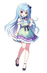 Rule 34 | 1girl, black bow, black footwear, blue eyes, blue hair, bow, bracelet, commission, dress, flower bracelet, frilled dress, frills, full body, green dress, green eyes, hair between eyes, hair bow, heterochromia, jewelry, light blue hair, long hair, looking at viewer, mauve, open mouth, original, pixiv commission, sidelocks, simple background, solo, white background