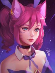 Rule 34 | 1girl, absurdres, ahri (league of legends), alternate costume, alternate hair color, alternate hairstyle, animal ears, banana (bananapie), bare shoulders, bow, breasts, choker, cleavage, commentary, dated, detached collar, drill hair, ear piercing, expressionless, facial mark, fake animal ears, fox ears, hair between eyes, heart, highres, league of legends, leotard, long hair, looking at viewer, medium breasts, neck ribbon, night, night sky, piercing, pink eyes, pink hair, playboy bunny, rabbit ears, rabbit tail, ribbon, shooting star, sidelocks, signature, sky, solo, star (sky), star (symbol), star guardian (league of legends), star guardian ahri, starry background, starry sky, tail, twin drills, vastaya, whisker markings