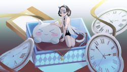 Rule 34 | 1girl, animal ears, bambinata (punishing: gray raven), bare arms, bare legs, bare shoulders, black hair, black leotard, blunt bangs, box, braided hair rings, cat ears, cat girl, cat tail, clock, collar, collarbone, detached collar, doll joints, dress, frilled collar, frills, full body, hair ornament, hairclip, handkerchief, heart, heart-shaped pupils, heart hair ornament, highres, in box, in container, joints, karin (2290463757), leotard, looking at viewer, mechanical parts, multicolored hair, petite, punishing: gray raven, ribbon, seiza, short hair, sitting, solo, stuffed animal, stuffed cat, stuffed toy, surreal, symbol-shaped pupils, tail, tail ornament, tail ribbon, two-tone hair, white dress, white hair, white ribbon